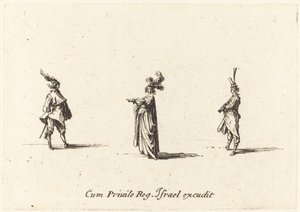 Dame med plymer hatt, og to herrer, sannsynligvis 1634. av Jacques Callot