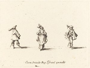 Dame med plymer, og to herrer av Jacques Callot