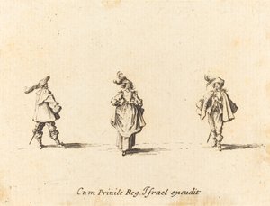 Dame med plymer og to herrer, sannsynligvis 1634. av Jacques Callot