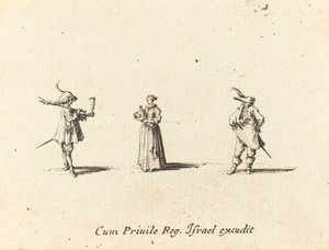 Dame med vinflaske, og to herrer av Jacques Callot