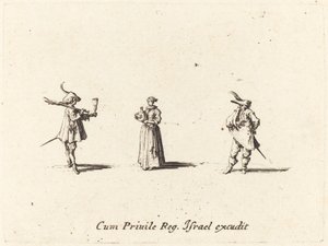 Dame med vinflaske og to herrer, sannsynligvis 1634. av Jacques Callot