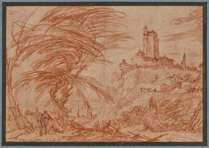 Landschaft, rechts auf einem Hügel ein großer Turm, links eine Baumgruppe und einige Figuren av Jacques Callot