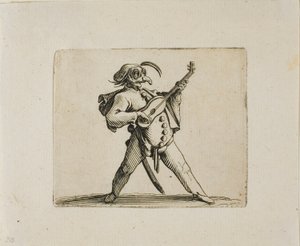 Masked Comician Playing the Guitar, fra Varie Figure Gobbi av Jacques Callot