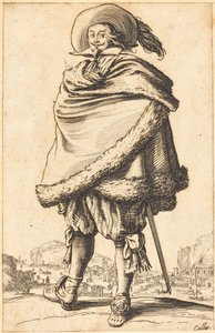 Edel mann fastspent i en mantel trimmet med pels av Jacques Callot