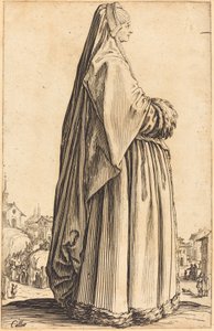 Edel kvinne iført slør og kjole trimmet i pels av Jacques Callot