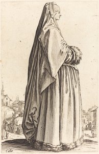 Edel kvinne iført slør og kjole trimmet i pels av Jacques Callot