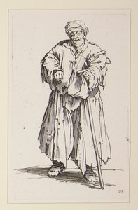 Overvektig mann med senkede øyne, fra tiggerne (Le mendiant obese aux yeux baisses) av Jacques Callot