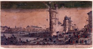 Paris, Ile de la Cite, Le Pont Neuf og tårnet i Nesle Gravering av Jacques Callot. . av Jacques Callot
