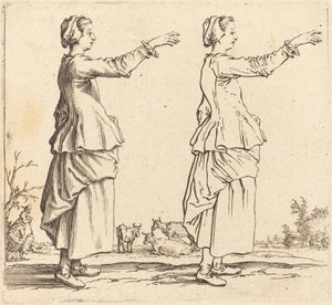 Bondekvinne, i profil, vendt mot høyre, med armen utstrakt av Jacques Callot