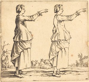 Bondekvinne, i profil, vendt mot høyre, med armen utstrakt, 1617 og 1621. av Jacques Callot