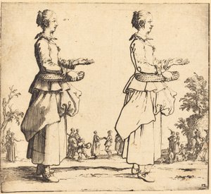 Bondekvinne med kurv, i profil, mot høyre, 1617 og 1621. av Jacques Callot