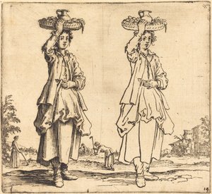 Bondekvinne med kurv på hodet, sett forfra av Jacques Callot
