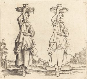 Bondekvinne med kurv på hodet, sett forfra av Jacques Callot