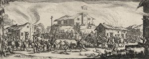 Plundering og brenning av en landsby, 1633 (etsing på lagt papir) av Jacques Callot