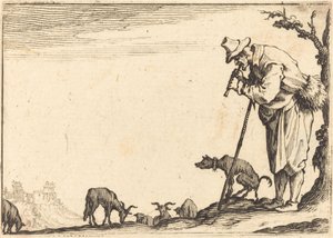Shepherd spiller fløyte, ca. 1617. av Jacques Callot