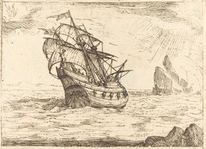 Skip som navigerer i nærheten av steiner. av Jacques Callot