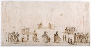 Skisse for iscenesettelse av grupper av figurer i 'Il Solimano' (penn og brunt blekk med brun vask over rødt kritt) av Jacques Callot
