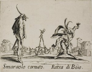 Horned Smaraolo - Ratsa di Boio, tallerken 4 fra Balli di Sfessania av Jacques Callot