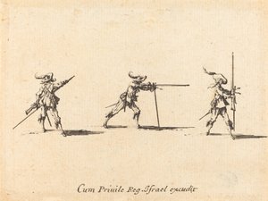 Inntar skyteposisjonen med musketten av Jacques Callot