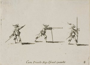 Inntar skyteposisjonen med musketten, plate åtte fra The Military Exercises av Jacques Callot