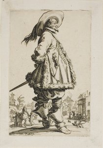 The Gentleman in a Pelstrimmet mantel, holder hendene bak ryggen hans, tallerken syv fra La Noblesse av Jacques Callot