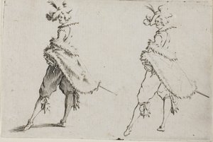 The Gentleman with a Coat, poserer med hendene på hoftene, fra The Caprices av Jacques Callot