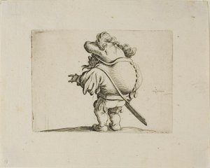 Den store mage mannen dekorert med en linje med knapper, fra Varie Figure Gobbi av Jacques Callot