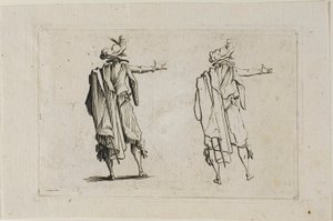 Mannen sett fra baksiden, høyre arm hevet, fra The Caprices av Jacques Callot