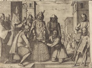Dronningen legger den første steinen til kirken til de fattige Clares i Spania [verso] av Jacques Callot