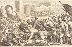 Troppene som tvinger porten til en by av Jacques Callot