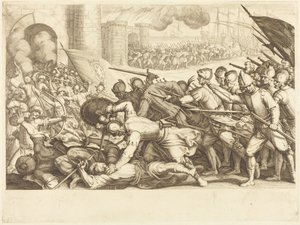 Tropper som bryter opp byporten av Jacques Callot