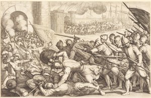 Troppene som tvinger seg gjennom porten til en by av Jacques Callot