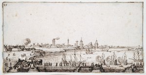 Utsikt over havnen i La Rochelle med galleoner som avfyrer en salutt (penn og brunt blekk på papir) av Jacques Callot