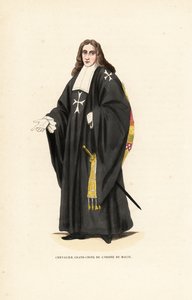 Grand Cross of the Knights Hospitaller, Order of Malta, Order of Knights of Hospital of Saint John of Jerusalem, Chevalier Grand-Croix de l’Ordre de Malte. Håndfarget treblokkgravering etter en illustrasjon av Jacques Charles Bar fra Abbot Tiron