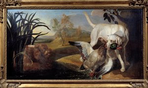 Braque hund som holder en stokkand i munnen Maleri av Jacques Charles Oudry (1720-1778) Paris fra 1700-tallet, dekorativ kunst av Jacques Charles Oudry