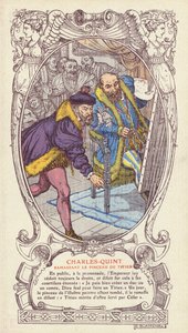 Charles V plukket opp Tizians pensel etter at han mistet den mens han jobbet med et portrett av keiseren (farge litho)
