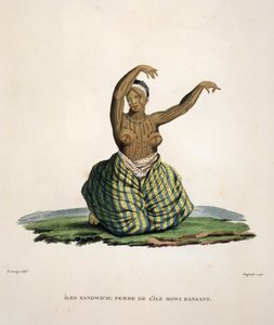 Dansende kvinne fra øya Maui, på Hawaii-øyene, gravert av Parfait Augrand (f.1782)