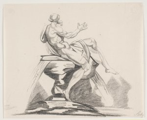 Mannlig skjeggete figur i kapper sett bakfra på en fontene av Jacques Francois Joseph Saly
