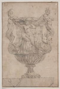 Dekorativ vase med Pan, faun og nymfe. Kopi etter Pl. 14 i suiten med vaser designet av Saly i 1746. "Vasa a se inventa..."