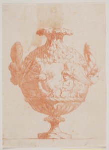 Dekorativ vase med to hoder og to putter. Kopi etter pl. 19 i suiten med vaser designet av Saly i 1746. "Vasa a se inventa..."