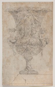 Dekorativ vase med to putti (havfruer?). Kopi etter redigering (pl. 9) i suiten av vasene tegnet av Saly i 1746. "Vasa a se inventa..." av Jacques Francois Joseph Saly