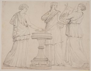 Tre kvinner i greske kapper ved et alter. Kvinnen t.v. med nettbrett (?), i midten med krone, t.h. med en lyre (terpsichore?) av Jacques Francois Joseph Saly