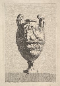 Vase med en mannlig sirene som holder opp en krans, fra: Vaser, 1746. av Jacques Francois Joseph Saly