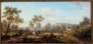 Et løp i nærheten av Longchamps Attelages og ryttere på landsbygda i Paris. Maleri av Jacques Francois Joseph Swebach Dit Fontaine (eller Desfontaines av Jacques Francois Joseph Swebach