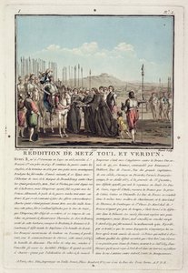 Henri II (1519-59) mottar nøklene til Metz, Toul og Verdun (1552), gravert av Jean Baptiste Morret (fl.1790-1820), 1790 (farget lito)