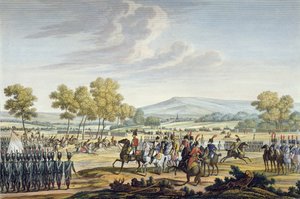 Den keiserlige garde manøvrerer i nærvær av de to keiserne ved Tilsit, 28. juni 1807, gravert av Edme Bovinet (1767-1832) (akvatint) av Jacques Francois Joseph Swebach