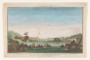 Utsikt over Port des Invalides i Paris med Paris-fregattens bortgang 18. februar 1761 Vüe ​​​​de Paris prize du Port des Invalides (tittel på objekt) av Jacques Gabriel Huquier