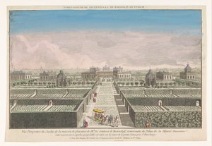 Utsikt over hagen til grevinnen av Bestoucheffs landsted nær byen St. Petersburg Maison de plaisance de la comtesse de Bestoucheff (tittel på objekt) av Jacques Gabriel Huquier