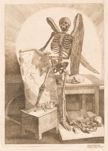 Et bevinget skjelett som holder en anatomisk tegning