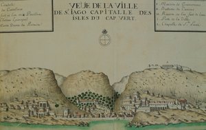 Byen Saint Jago (Santiago) på Kapp Verde, akvarell fra loggboken holdt av Jacques Gouin de Beauchesne, skipskaptein i Sørishavet fra 1698 til 1701.